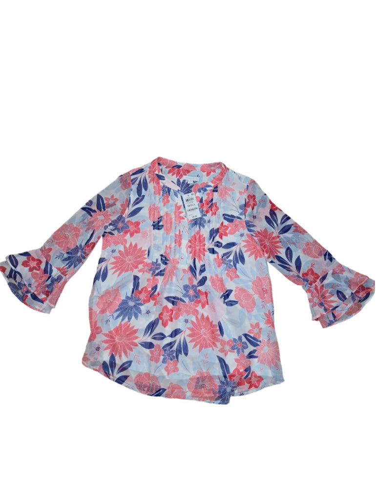 Women's Charter Club Blouse - Small - White & Blue Floral Pleated MSRP $69.50