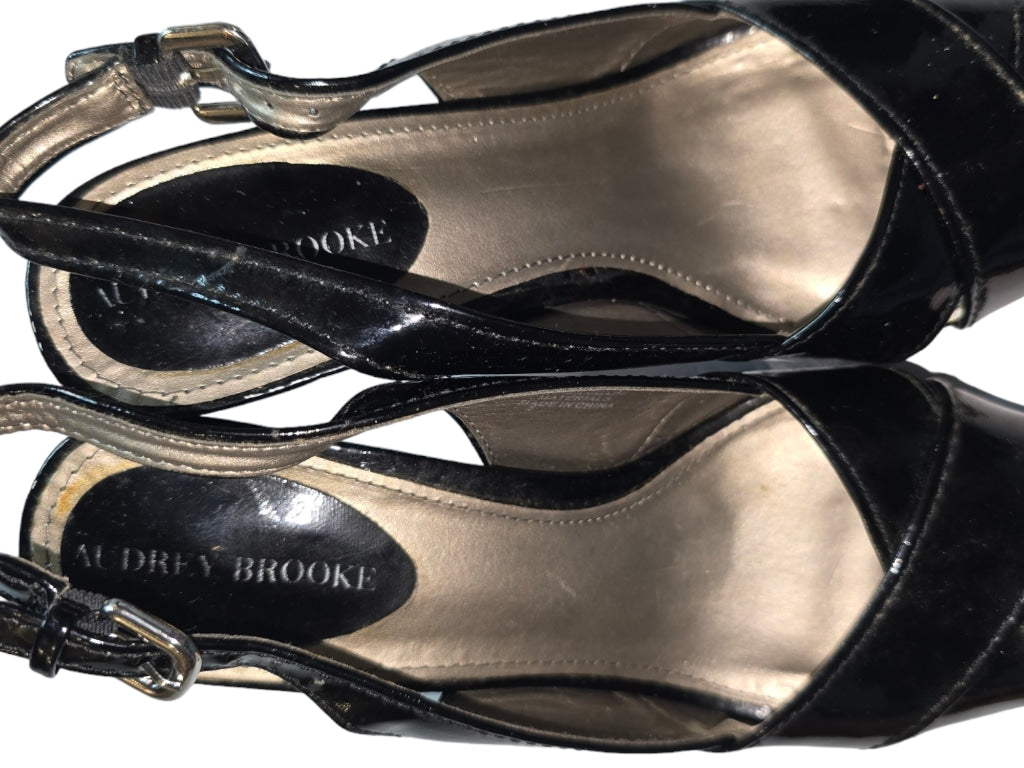 Audrey Brooke Tupelo Heels SZ 9 Black Patent Leather Slingback Peep Toe Stiletto