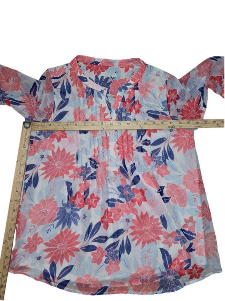 Women's Charter Club Blouse - Small - White & Blue Floral Pleated MSRP $69.50