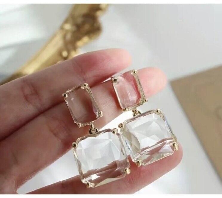 Crystal Clear Square Drop Earrings, Gold Metal,Transparent Square