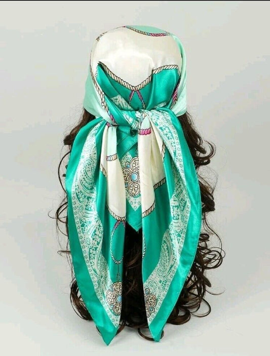 Green Scarf Women Fashion Square Headband Bandana Faux Silk  35.4 X 35.4