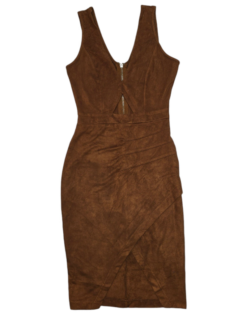 Women's Privy Faux Suede Bodycon Dress Brown Size Small Cutout Ruched Faux Wrap