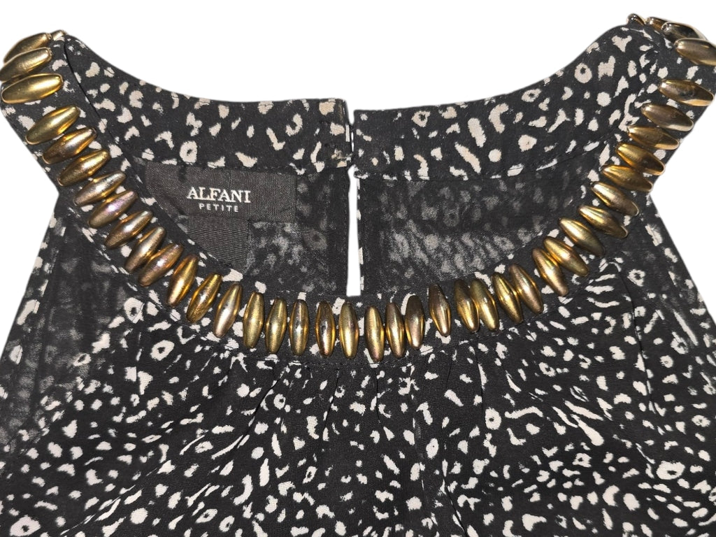 Women's Alfani Blouse, Black & White, Gold Stubbed Collar Size 6P Cinched Waist