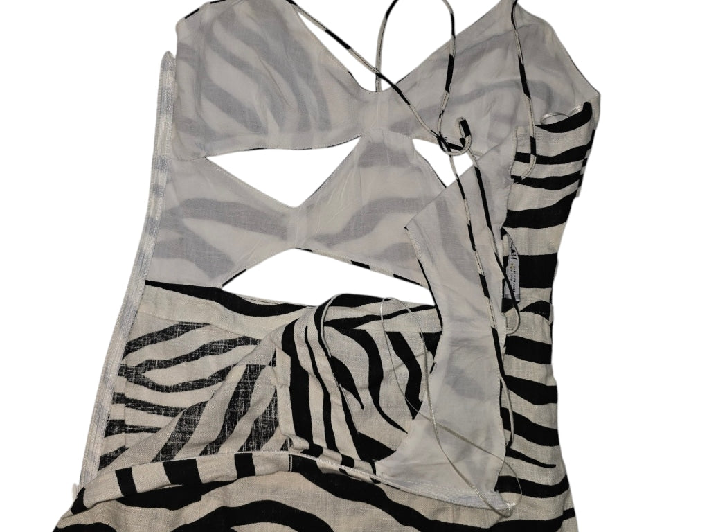 Women Zara Linen Dress Mini White Black Zebra Print Size M Strappy Cutout