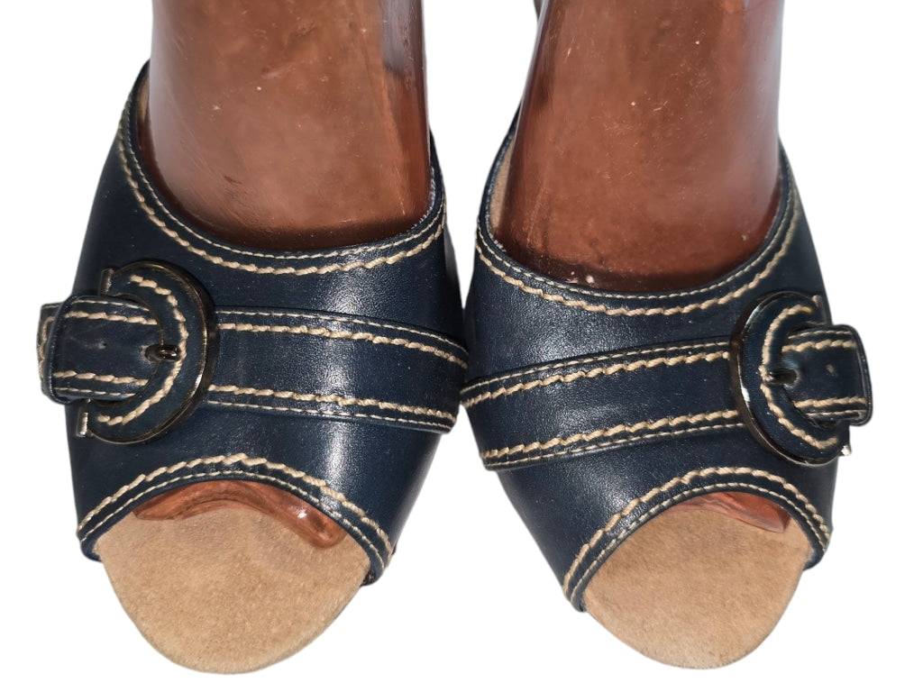 Women Aerosoles Leather Wood Leather Sandals 9.5 Navy Blue Buckle Ankle Strap