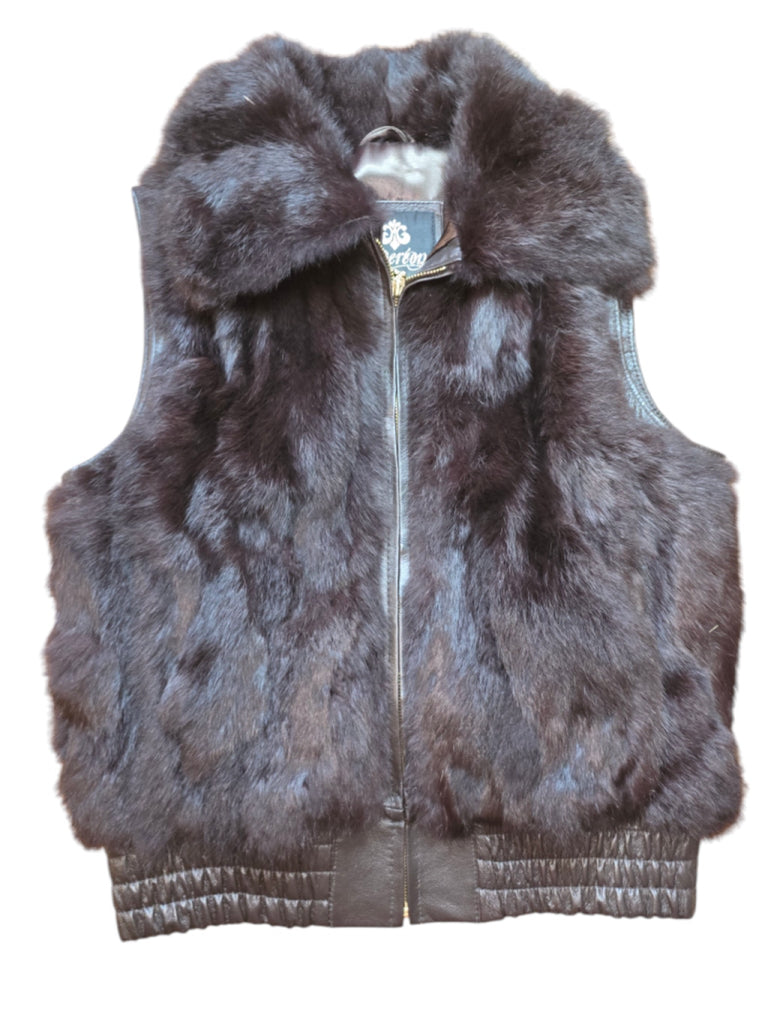 Y2K Women's Beyonce House of Dereon Brown Rabbit Fur Leather Vest Size L