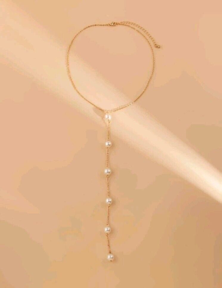 Gold Metal Faux Pearl Long Drop Necklace Chain