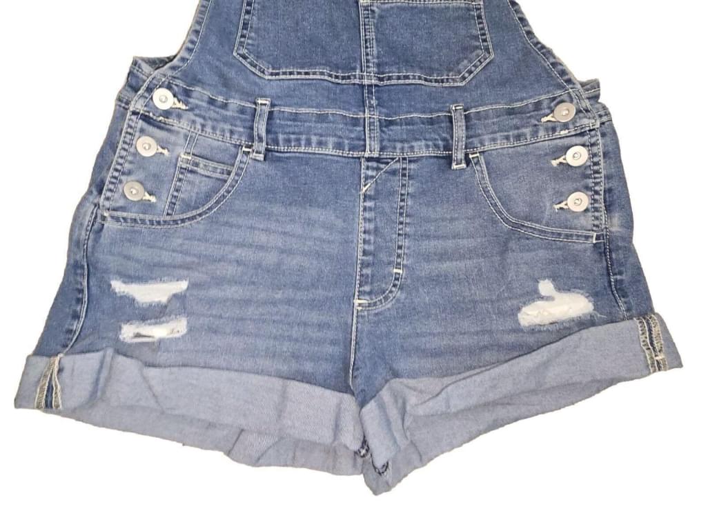 VTG No Boundaries 4 / 5 SMALL Distressed Blue Denim Cuffed Overalls Shorts