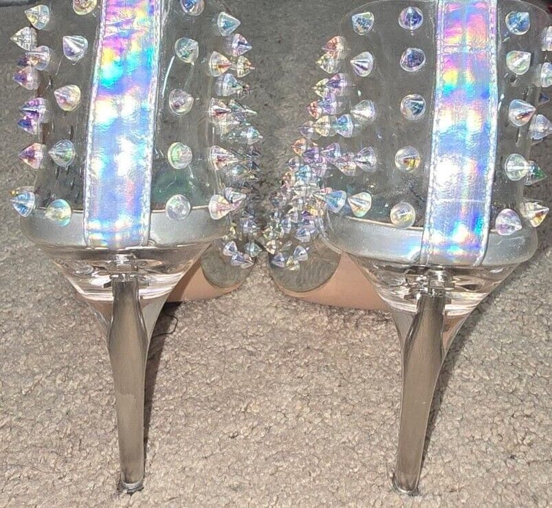 Nanette Lepore Zoey Clear Silver Spike Stud Rhinestone Heels Pumps Size 9