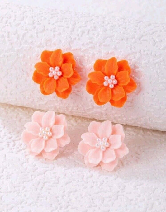 Set Orange Pink Camellia Flower Earrings Studs Spring Summer Autumn