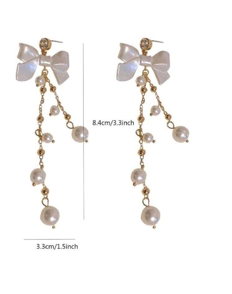 Faux Pearl Diamond Gold Metal Bow Hanging Cz  Earrings Vintage Drop Elegant