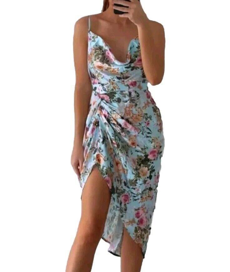 SHEIN Blue Floral Crisscross Backless Thigh Slit Silk Feel Dress Summer Wedding