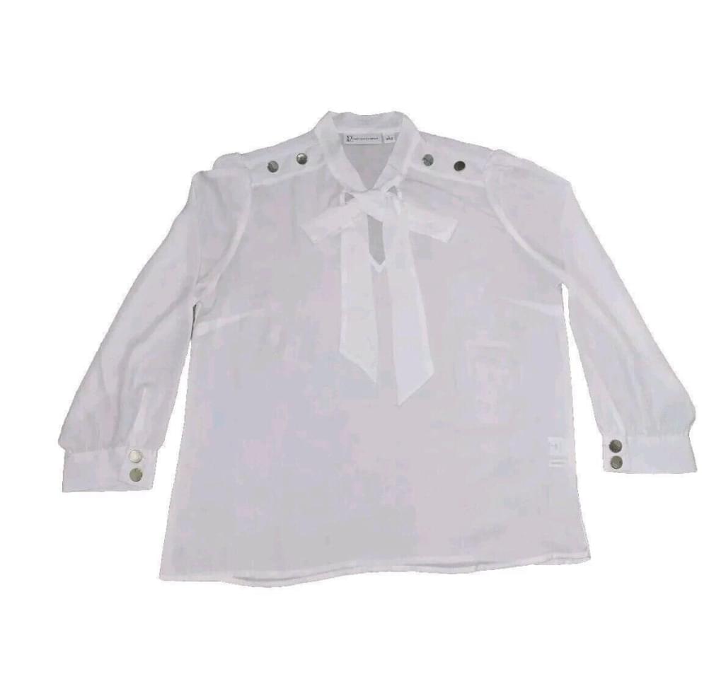 New York & Company Bow Tie Neck sheer Blouse White Gold Buttons Size LARGE