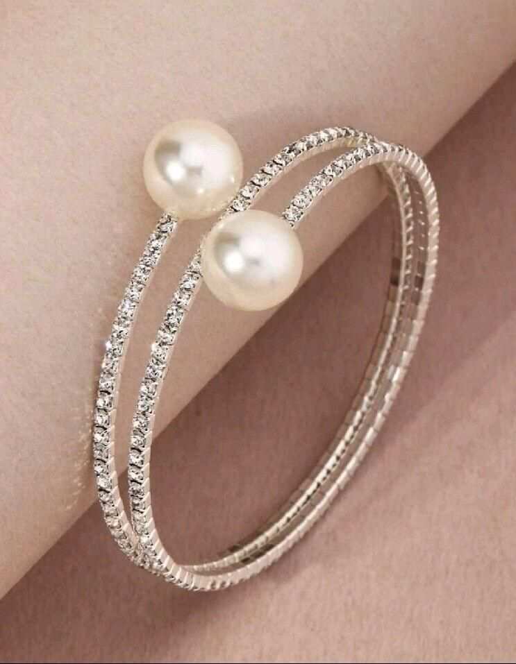 Faux Silver Pearl Rhinestone Designer Inspired Stretchable Bracelet