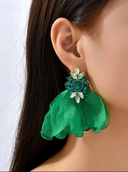 Green Faux Diamond Rhinestone Gem Feather Drop Earrings