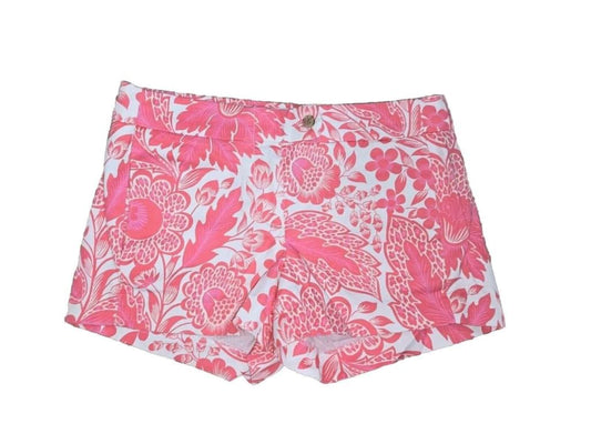 J Crew Bright Pink White Floral Stretch Mid Rise Chino Shorts Size 2 Pockets