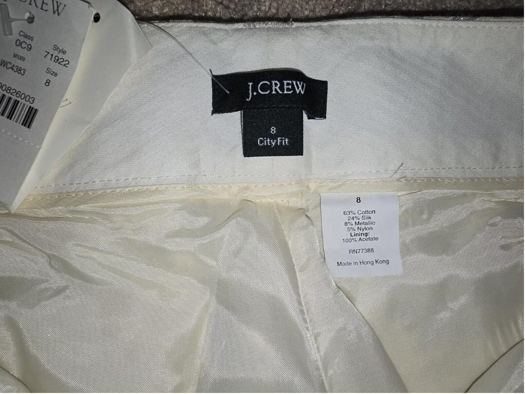 NWT J. Crew City Fit Silk Cotton Blend Pants Ivory Silver Floral Detail Size 8