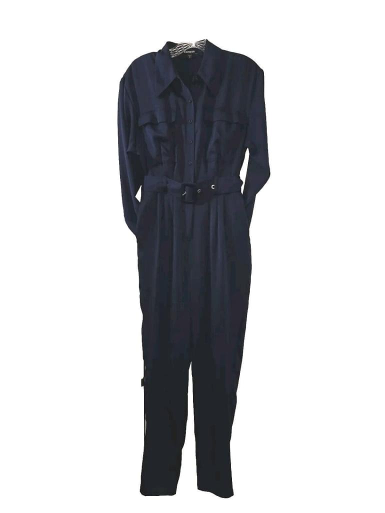 Express Navy Blue Long Sleeve Tapered Leg Pleated Jumpsuit With Belt Size XS