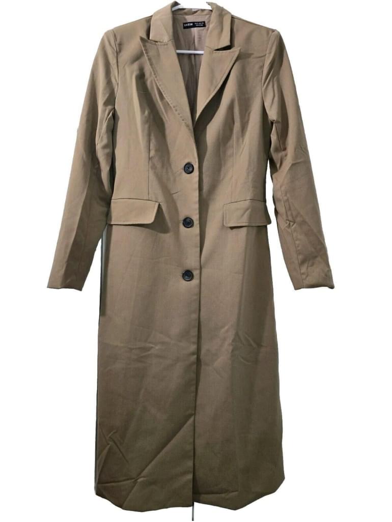 SHEIN BIZwear Lapel Collar Split Back Longline Trench Coat CAMEL BEIGE XS SZ 2