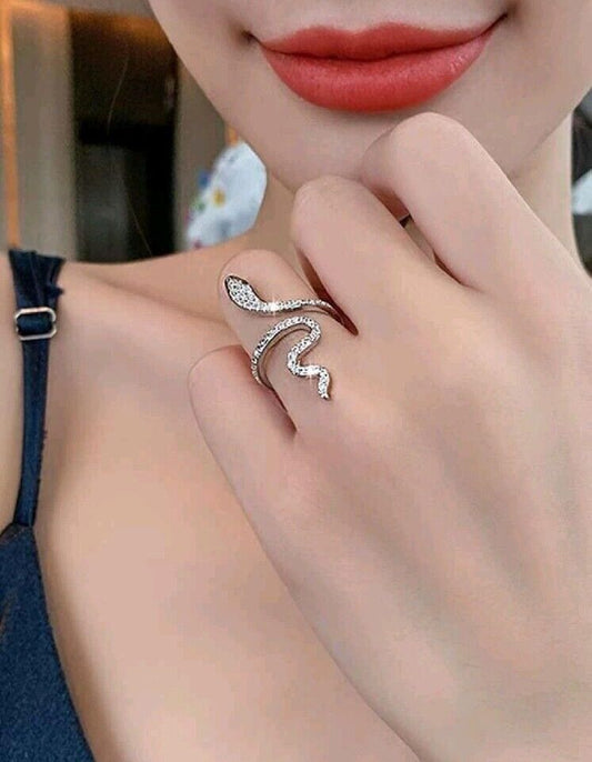 Women's Snake Ring Silver Metal CZ