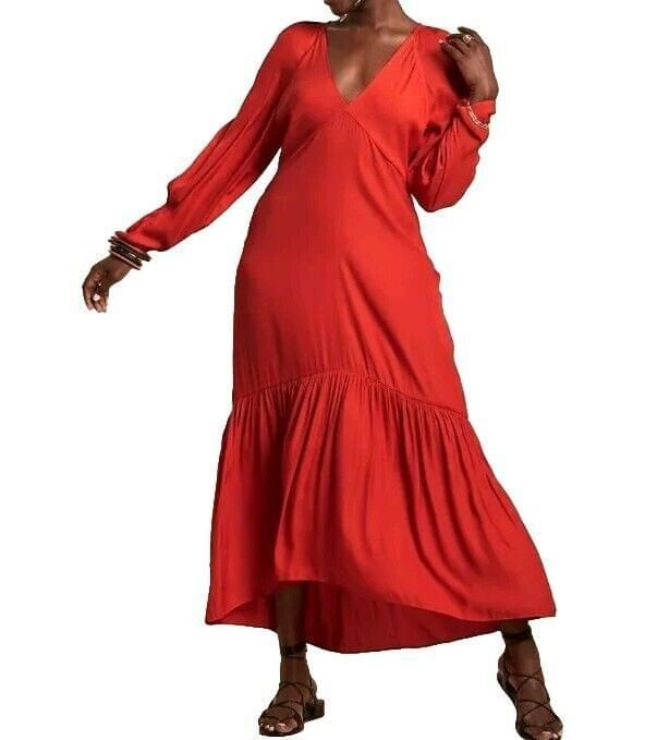 Banana Republic Reddish Orange Deep V-neck Long Sleeve Maxi Dress SZ 2