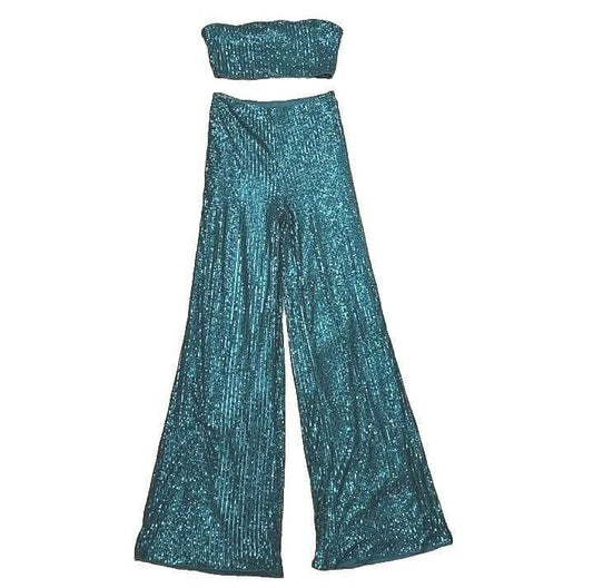 SHEIN 2 Piece Set Emerald Green Sequin Strapless Tube Top Wide Leg Pant SMALL