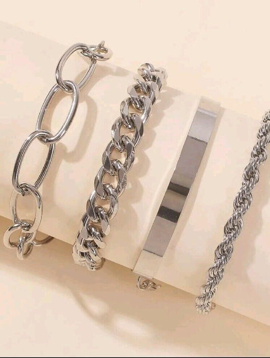 Silver 4 Bracelets Set Rope Chain, Paperclip Chain Cuban Chain, C Shape Set