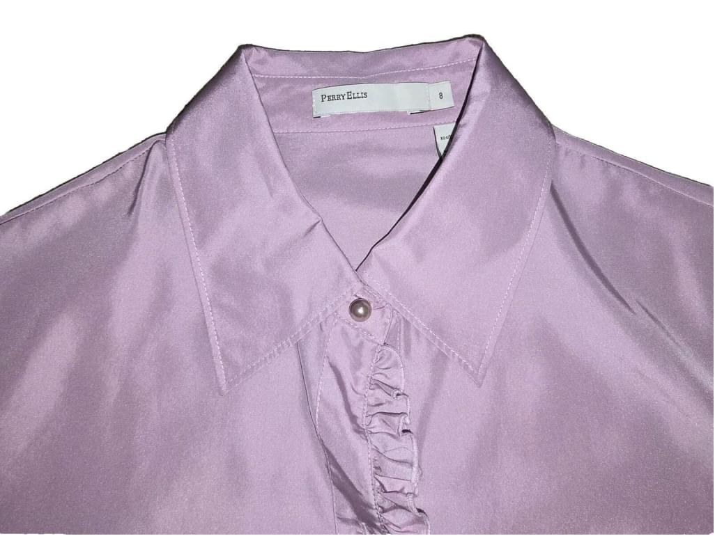 Perry Ellis 100% Silk Purple Lilic Long Sleeve Pearl Button Fitted Blouse Sz 8