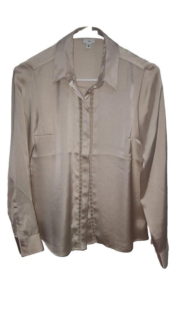 Express Portofino Slim Fit Button Up Blouse Beige Champagne XS Long Sleeve