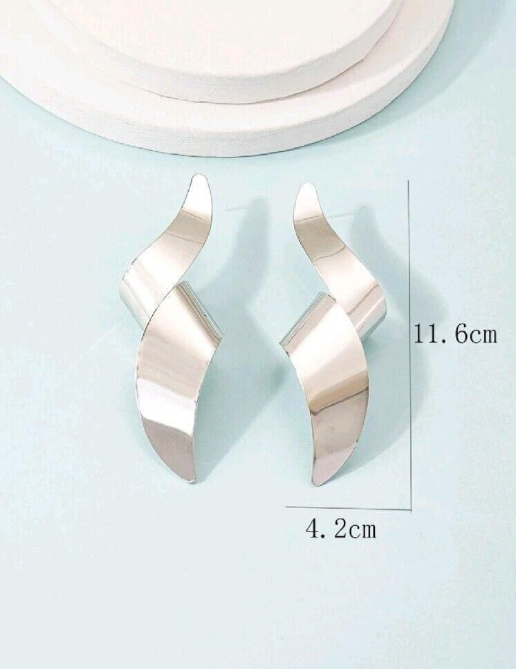 Structured Silver Metal Mirrored Earrings, Irregular Shape Oversized Retro,