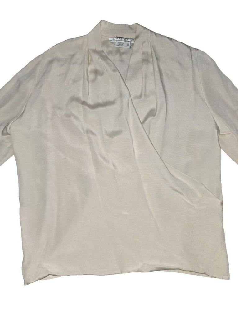 VTG Saks Fifth Avenue Starington 100% Silk Beige Long Sleeve Pleated Blouse Sz 8