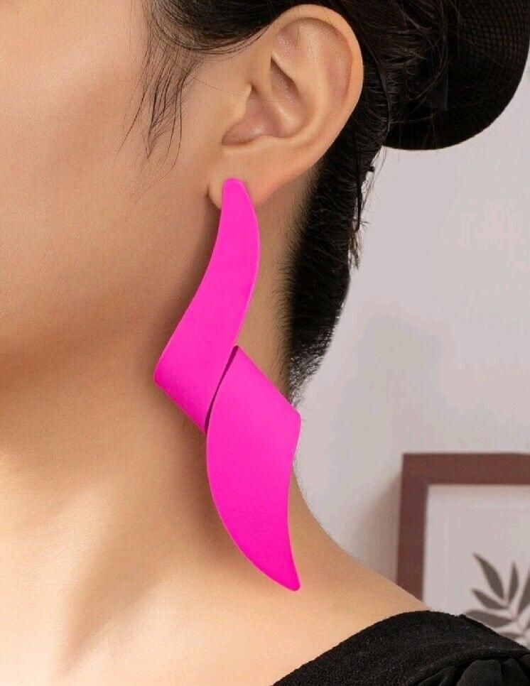 Structured Silver Metal Fuschia Pink Earrings, Irregular Shape Oversized Retro,