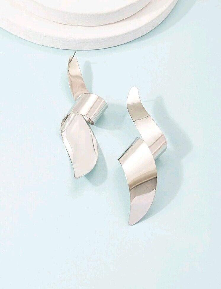 Structured Silver Metal Mirrored Earrings, Irregular Shape Oversized Retro,