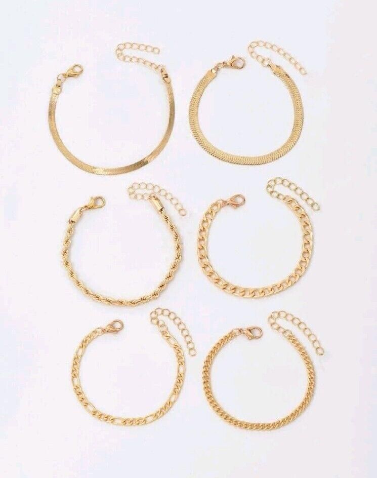 LADIES 6 PIECE MIXED STYLES OF Gold Metal Minimalist CHAIN BRACELETS