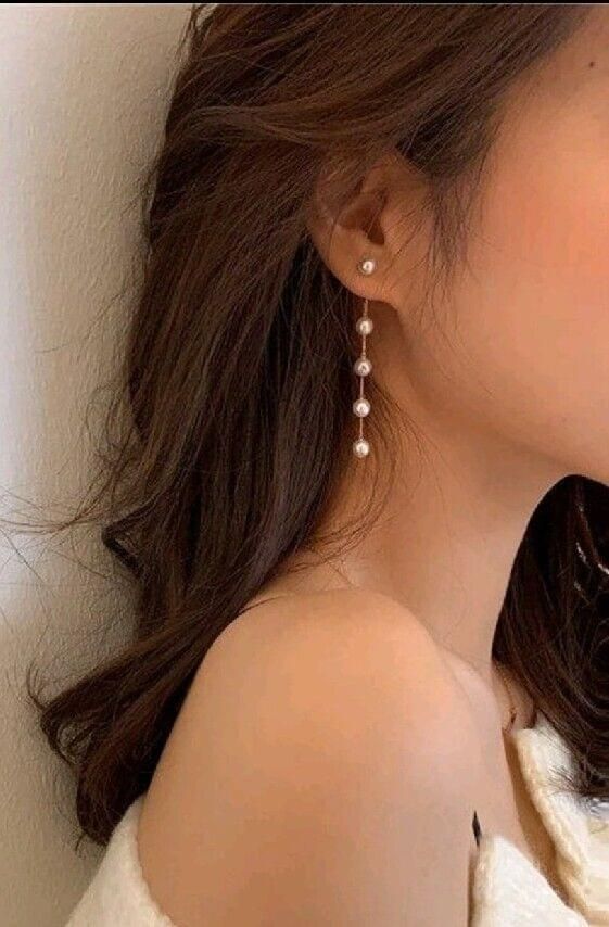 Long Gold Metal Pearl Earrings Drop Dangle Earrings Double Sided Earjacket