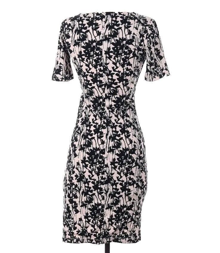 H&M Beige Black Floral Faux Wrap Short Sleeve Rouche Side Dress SMALL