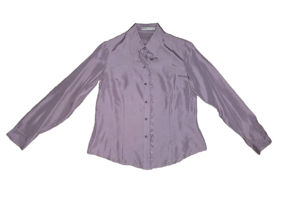 Perry Ellis 100% Silk Purple Lilic Long Sleeve Pearl Button Fitted Blouse Sz 8