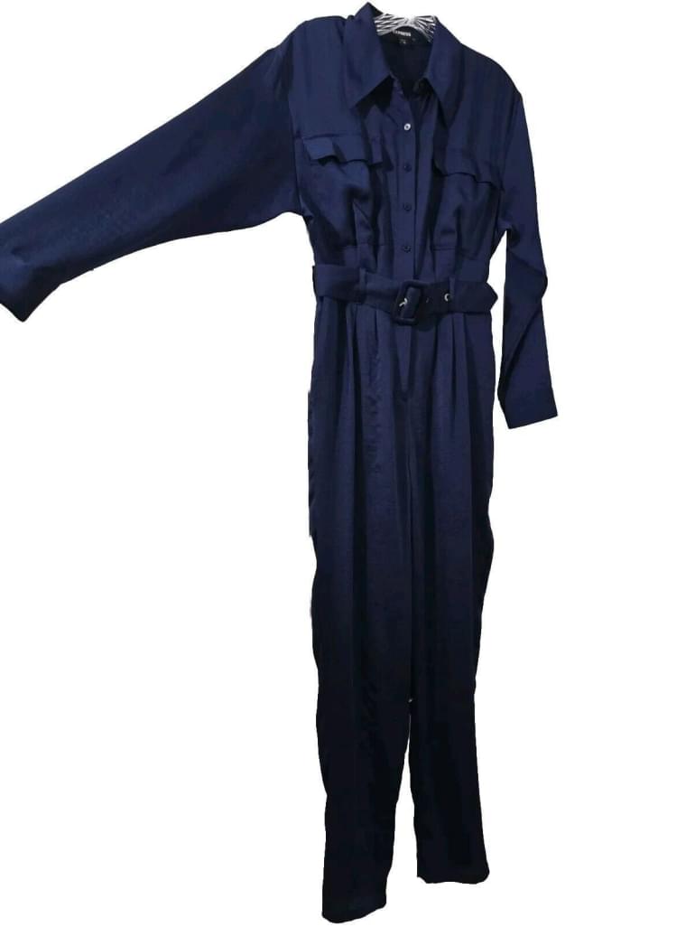 Express Navy Blue Long Sleeve Tapered Leg Pleated Jumpsuit With Belt Size XS