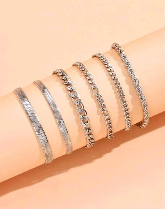 LADIES 6 PIECE MIXED STYLES OF Silver Metal Minimalist CHAIN BRACELETS