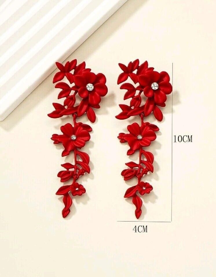 Fashion Women Red Cz Faux Diamond Flower Drop Long Earings