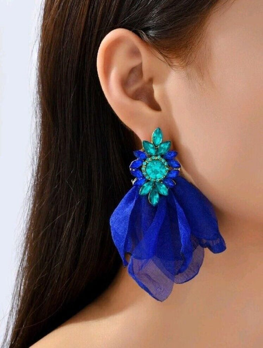 Royal BLUE Faux Diamond Rhinestone Gem Feather Drop Earrings