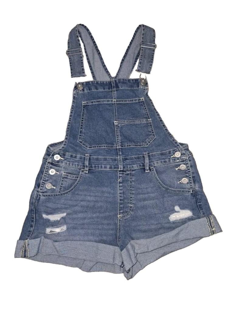 VTG No Boundaries 4 / 5 SMALL Distressed Blue Denim Cuffed Overalls Shorts