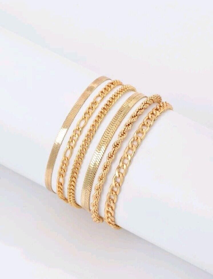 LADIES 6 PIECE MIXED STYLES OF Gold Metal Minimalist CHAIN BRACELETS