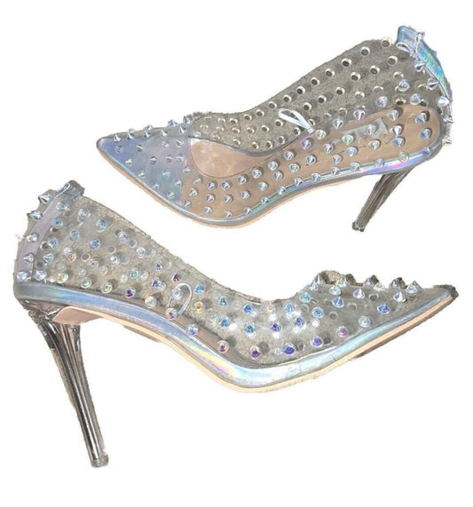 Nanette Lepore Zoey Clear Silver Spike Stud Rhinestone Heels Pumps Size 9