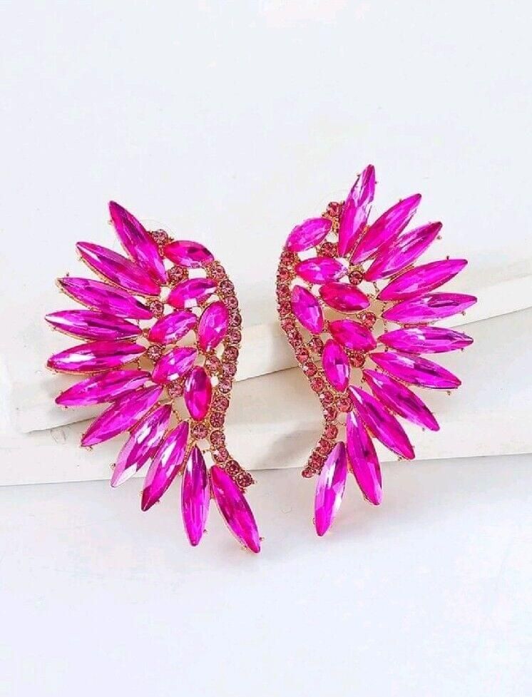 Fashion Chic Fuschia Pink Wing Crystal Rhinestone Metal Earrings