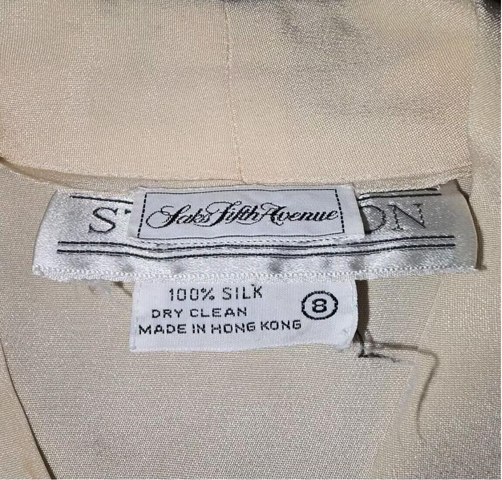 VTG Saks Fifth Avenue Starington 100% Silk Beige Long Sleeve Pleated Blouse Sz 8