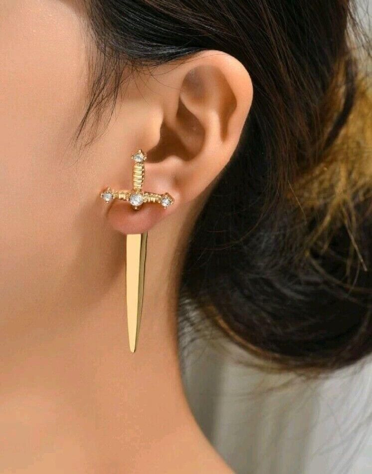 NEW Sword Dagger Faux Diamond Gold Earrings Medieval Gothic Festival