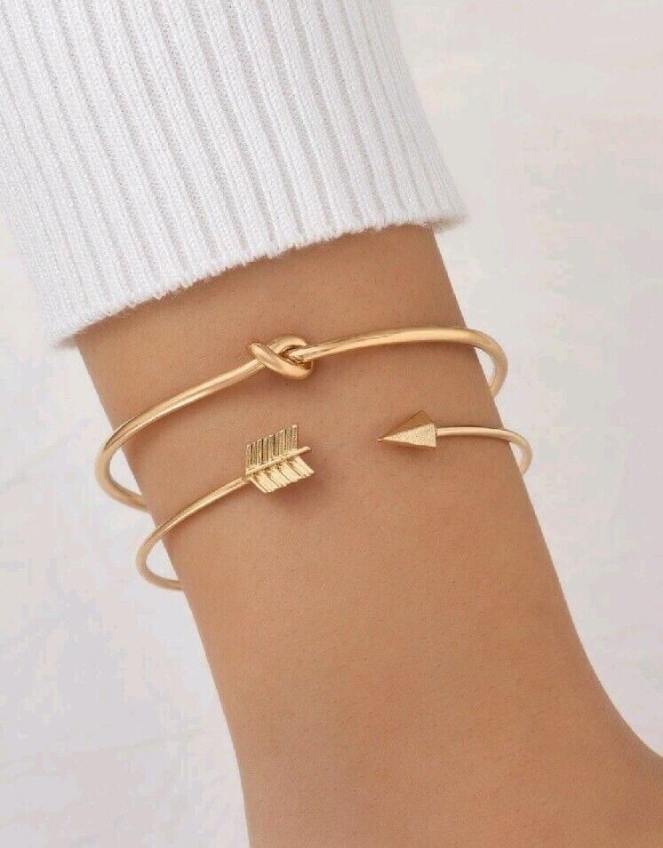 Gold 2 Piece Bow knot Arrow Bracelet Cuff Bangle Jewelry Gorgeous