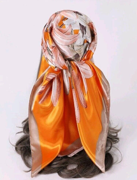 Orange Floral Scarf Women Fashion Square Headband Bandana Faux Silk  35.4 X 35.4