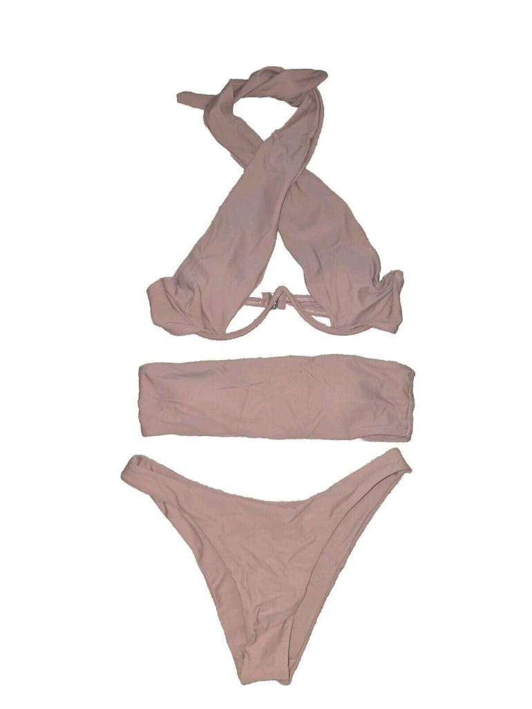 3 Piece Set Halter Bandeau Swim Top 80's High CutBikini Bottom Blush Size Medium